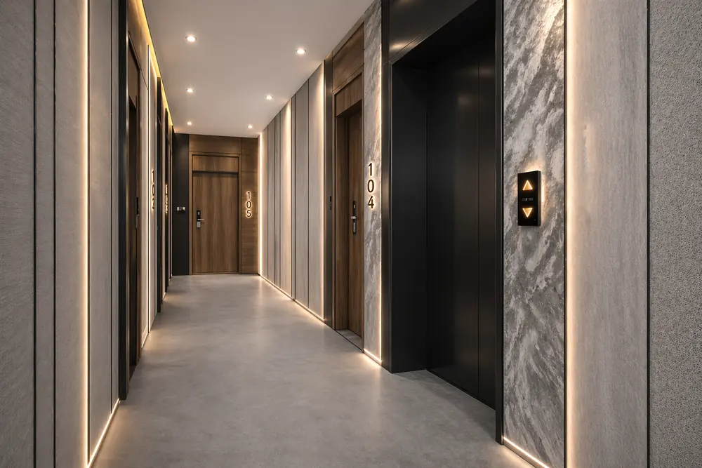 Couloir des étages, portes numérotées et ascenseurs
