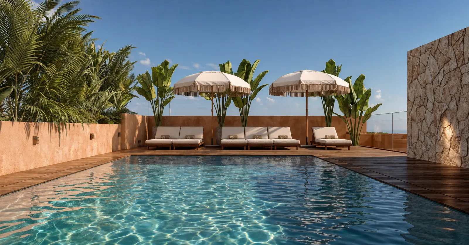 Grande piscine bordée de transats et de parasols
