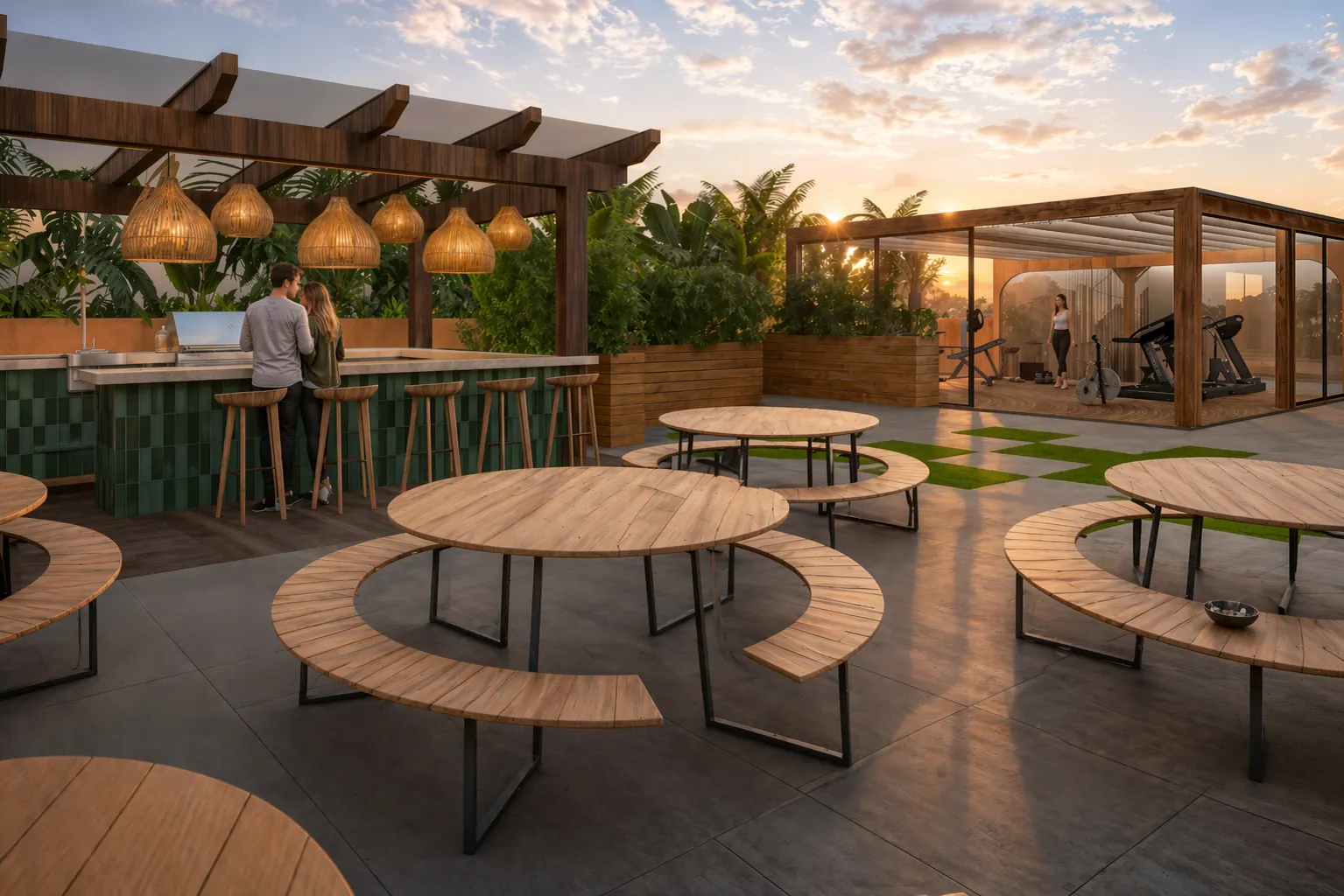 Rooftop aménagé avec tables en bois, bar et pergola au coucher du soleil