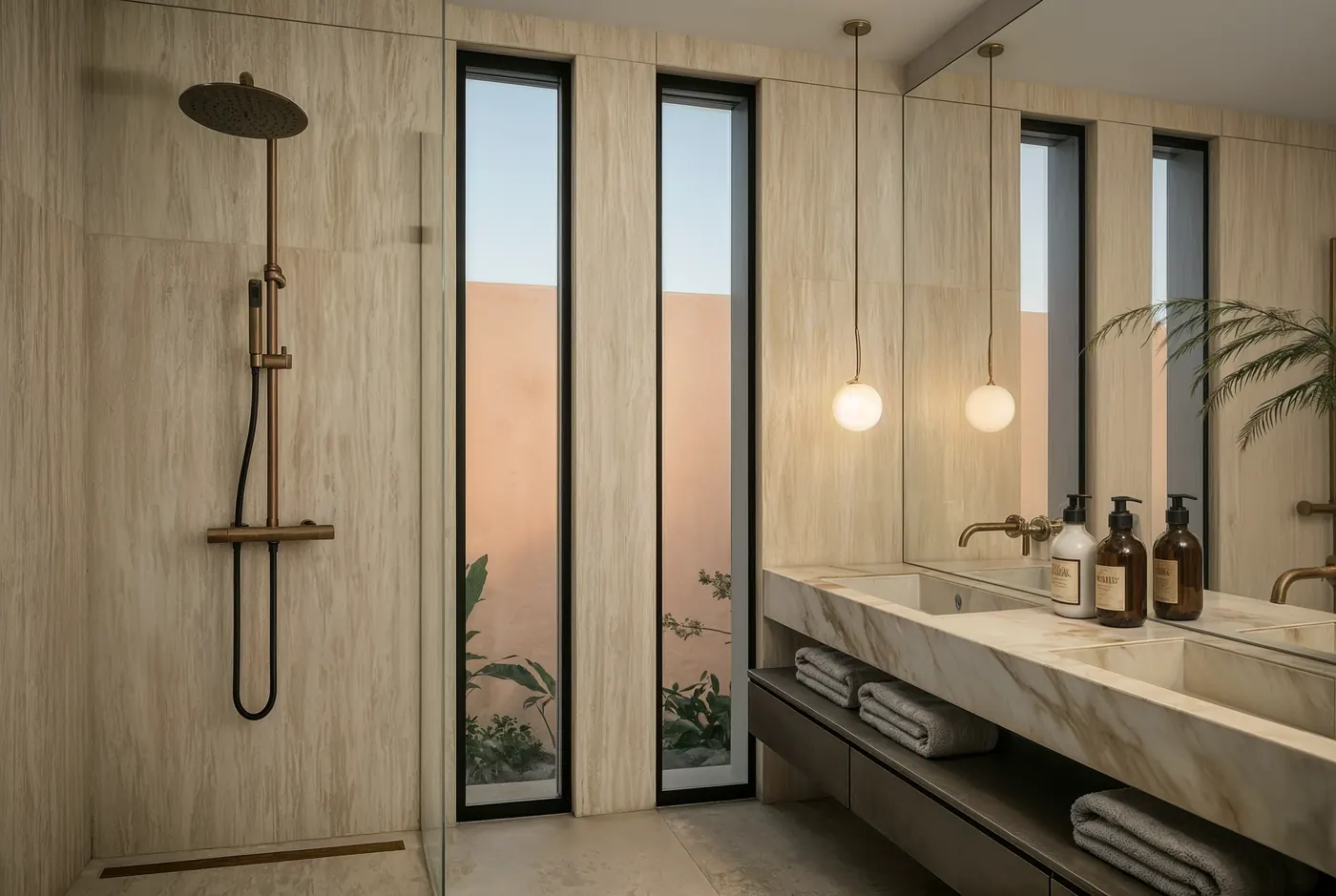Salle de bain en travertin, douche à l’italienne