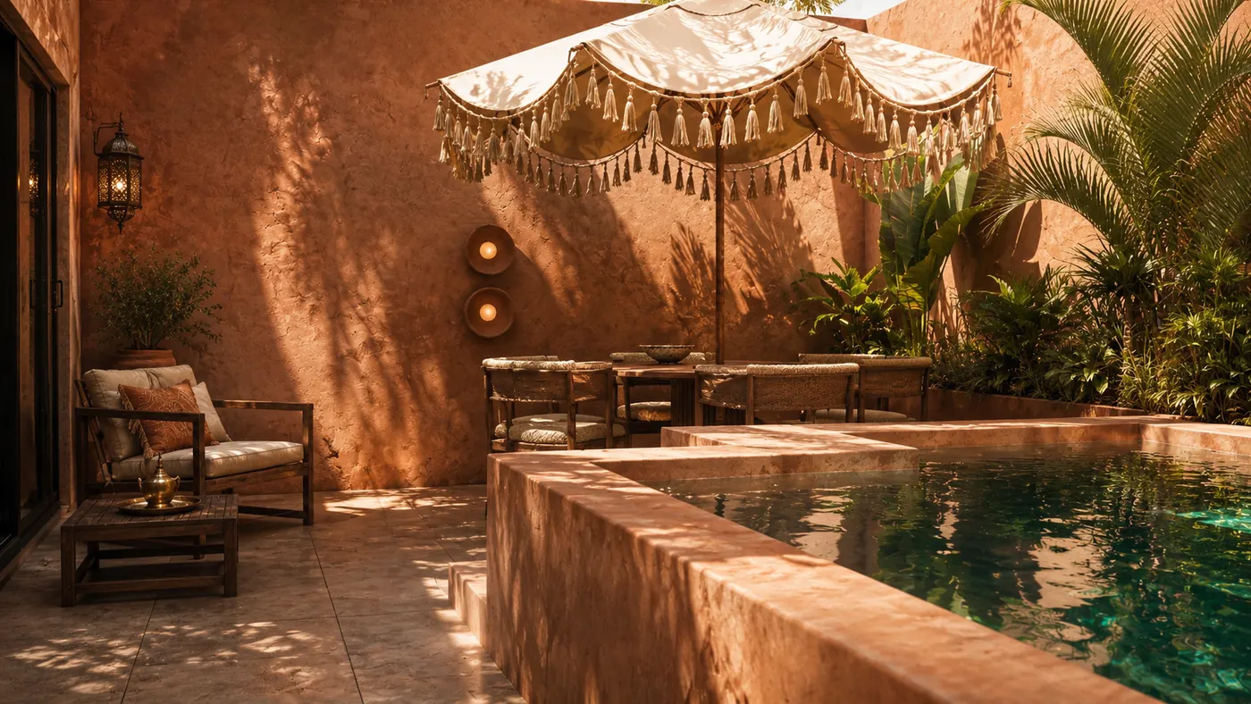 Terrasse ensoleillée avec parasol et bassin
